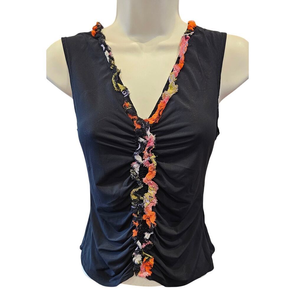 Trina turk double stretch chiffon bright frill trim tank blouse layering top S